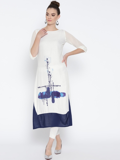 

RANGMANCH BY PANTALOONS Women White & Blue Printed Straight Kurta
