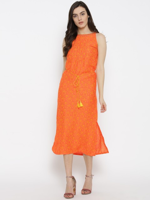 

Rangriti Women Orange & Yellow Printed Belted A-Line Dress