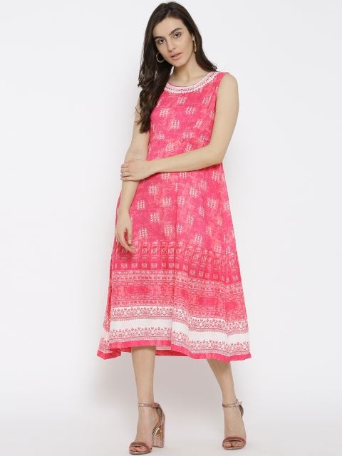 

Rangriti Women Pink & Off-White Printed Midi Empire-Line Dress