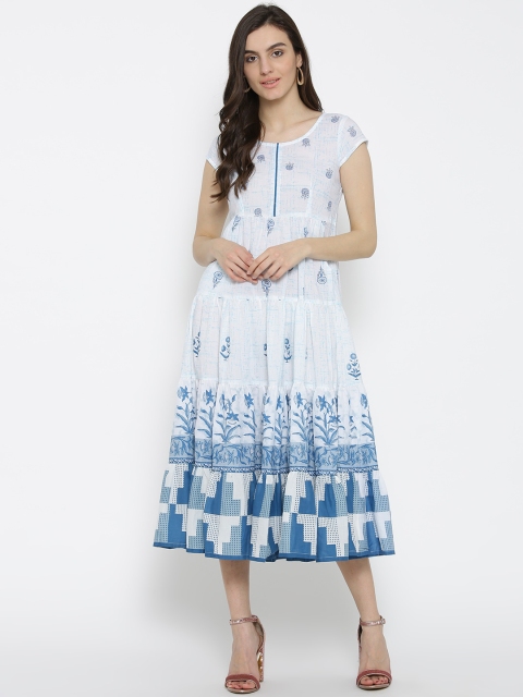 

Rangriti Women White & Blue Printed Midi Empire-Line Dress