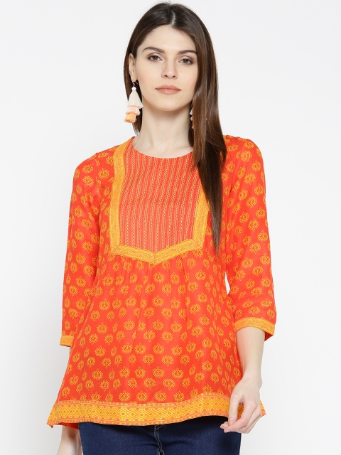 

Rangriti Women Orange & Yellow Printed A-Line Top