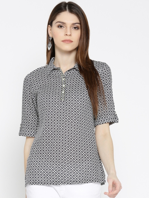 

Rangriti Women Black & White Printed Shirt Style Top