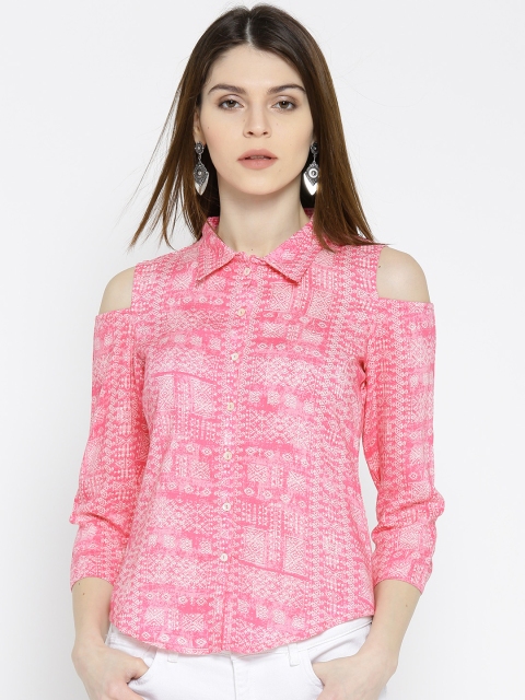 

Rangriti Women Pink & White Printed Cold-Shoulder Casual Shirt