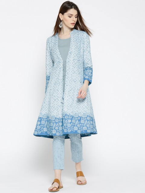 

Rangriti Blue & White Printed Longline Ethnic Tie-Up Shrug