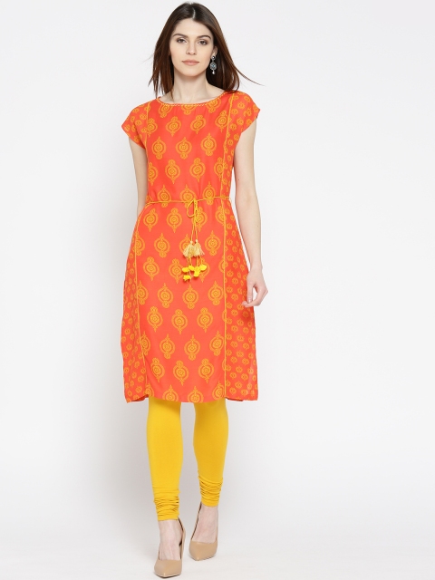 

Rangriti Women Orange Printed Straight Kurta
