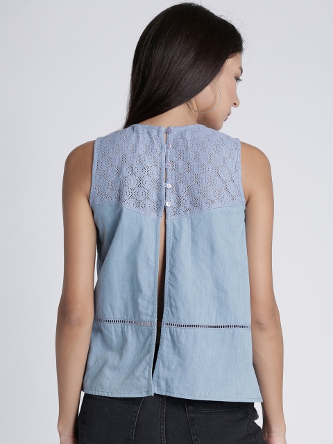 

Splash Women Blue Lace Yoke Chambray Styled Back Top
