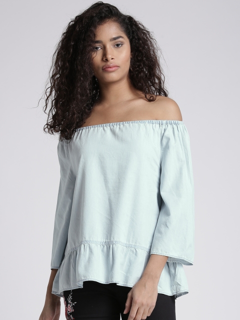 

Splash Women Blue Solid Bardot Chambray Top
