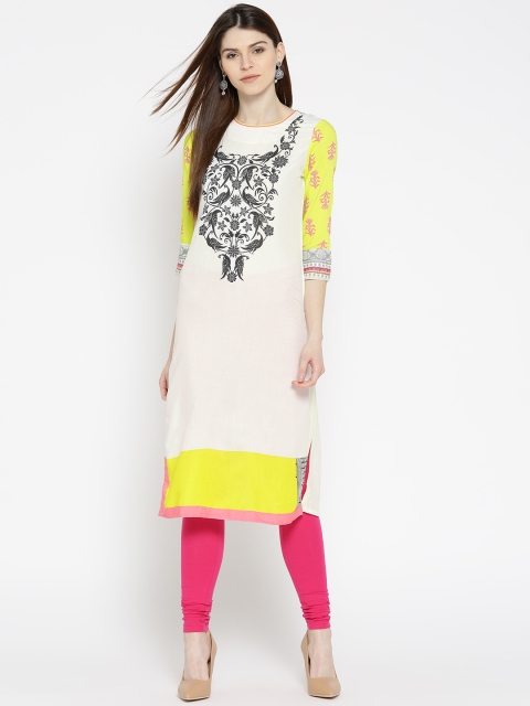 

Rangriti Women White & Fluorescent Green Printed Straight Kurta