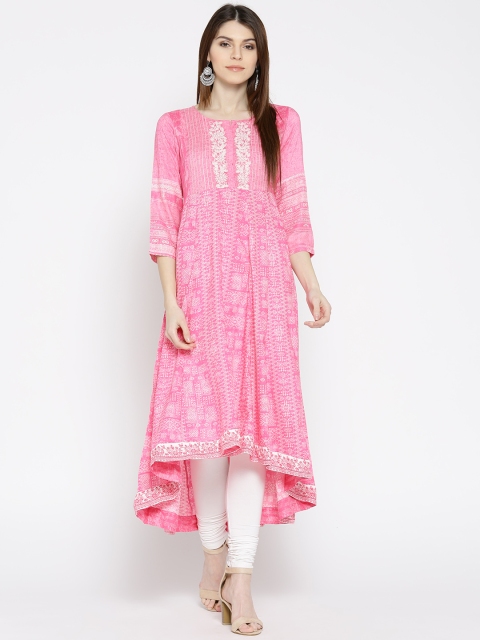

Rangriti Women Pink & White Printed High-Low Anarkali Kurta