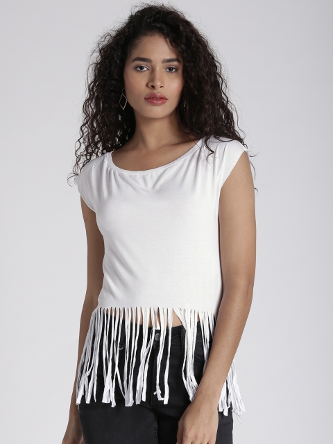 

Splash Women White Solid Crop Top with Fringes