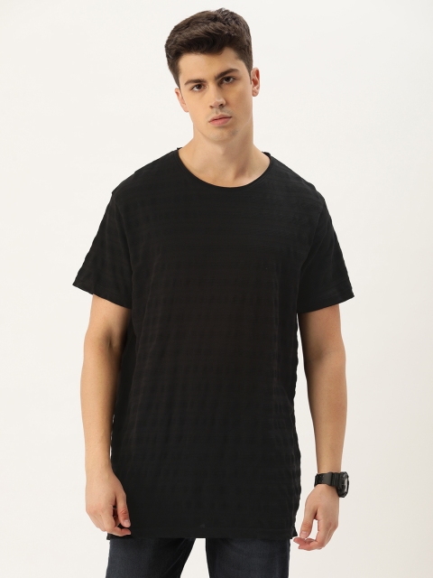 

Splash Men Black Self Striped Round Neck Regular Fit Longline T-shirt