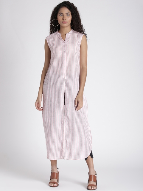 

Splash Women White & Pink Striped Maxi Shirt Style Top