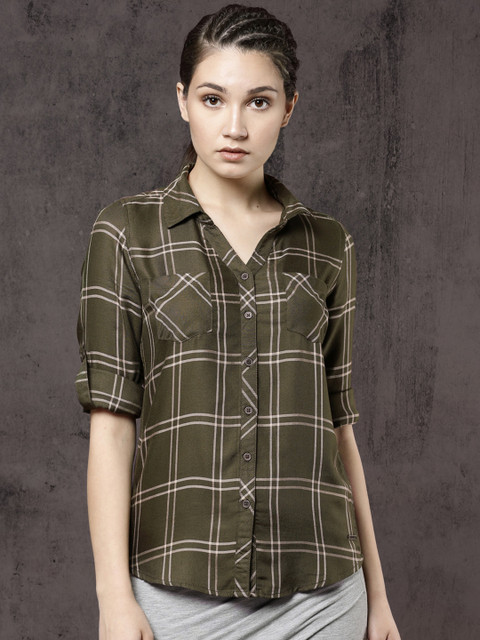 

Roadster Women Olive Green & Cream-Coloured Checked Casual Shirt