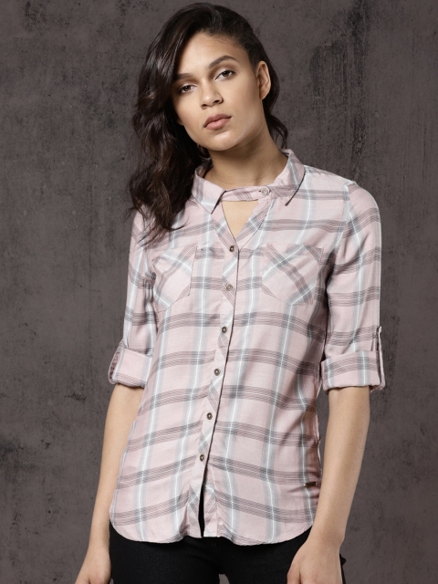 

Roadster Women Pink & Grey Slim Fit Checked Casual Shirt