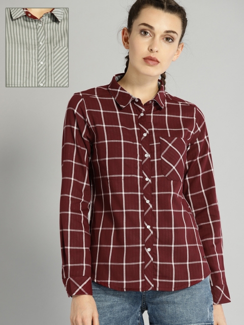 

Roadster Women Maroon & White Reversible Checked Casual Shirt