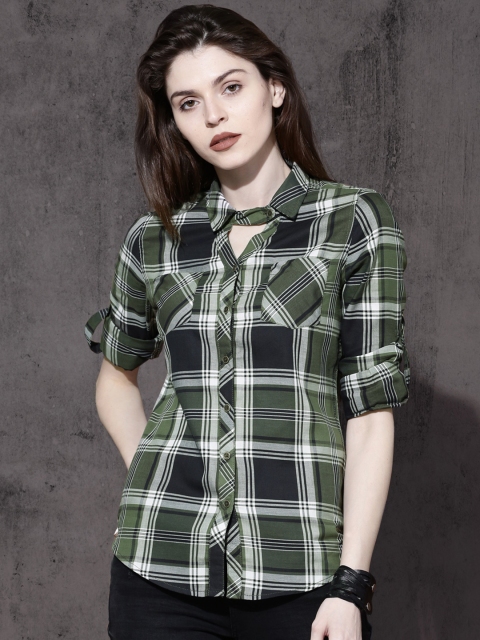 

Roadster Women Olive Green & Black Slim Fit Checked Casual Shirt