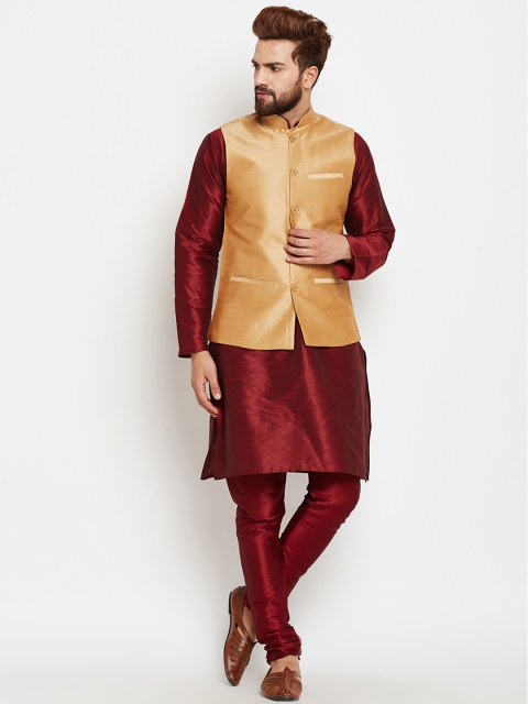 

SOJANYA Men Maroon & Beige Self-Design Kurta with Churidar and Nehru Jacket