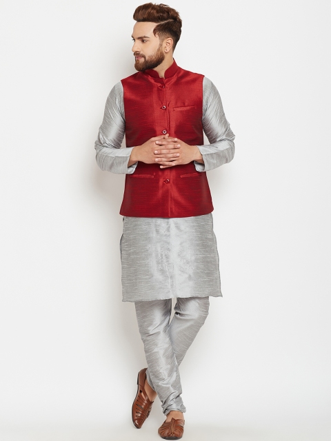 

SOJANYA Men Grey & Maroon Solid Kurta with Churidar & Nehru Jacket