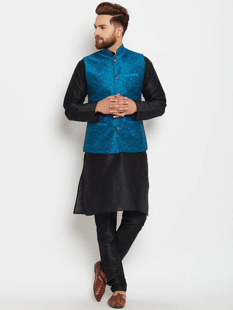 

SOJANYA Men Black & Blue Self Design Kurta Pyjamas & Nehru Jacket