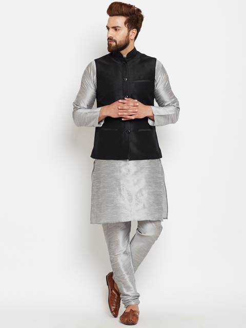 

SOJANYA Men Grey & Black Self-Design Kurta with Churidar & Nehru Jacket
