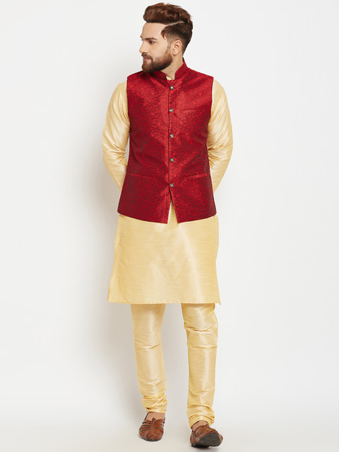 

SOJANYA Men Gold-Toned & Maroon Self Design Kurta Pyjamas & Nehru Jacket