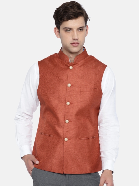 

ethnix Men Rust Red Solid Textured Nehru Jacket