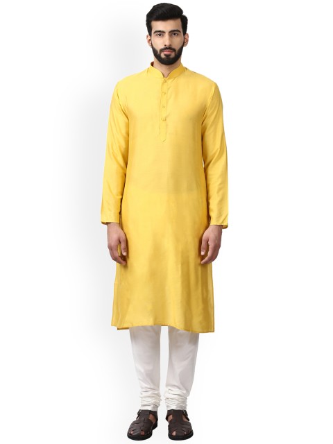 

ethnix Men Yellow & White Solid Kurta with Churidar