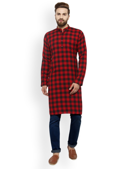 

Jompers Men Red & Black Checked Straight Kurta