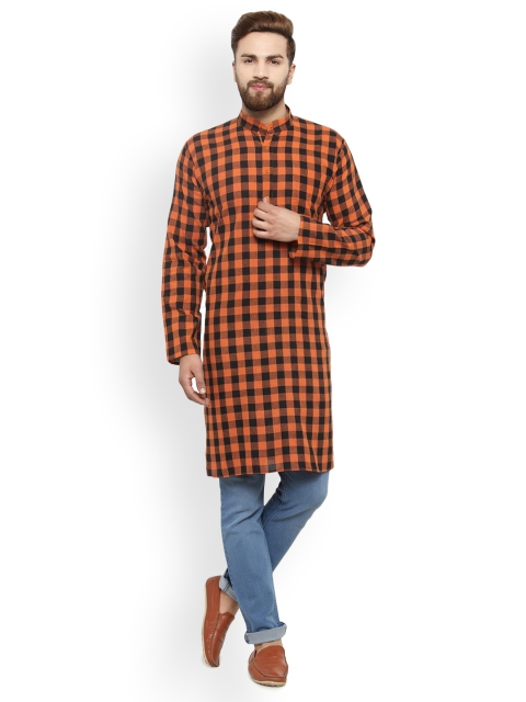 

Jompers Men Orange & Black Checked Straight Kurta