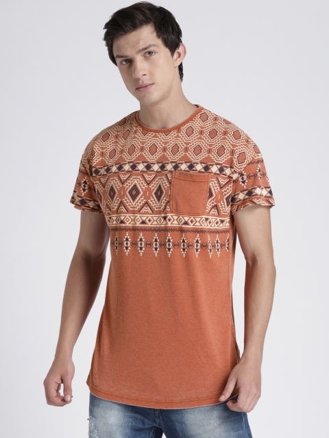 

Splash Men Rust Brown Printed Round Neck T-shirt