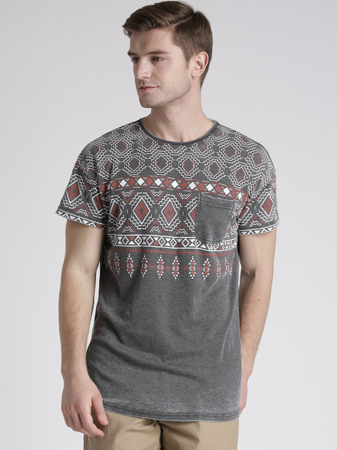 

Splash Men Charcoal Grey Printed Round Neck T-shirt