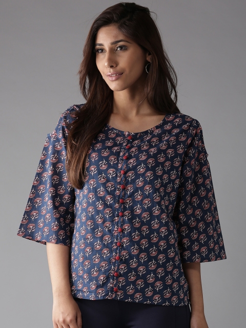 

HERE&NOW Women Navy & Red Printed Top, Navy blue