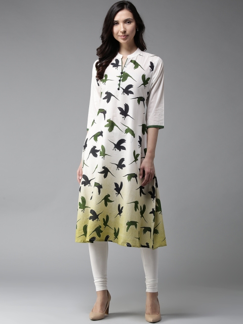 

Moda Rapido Women White & Green Bird Print A-Line Kurta