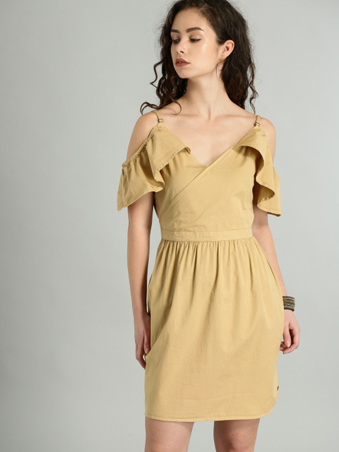 

Roadster Women Khaki Solid Sheath Dress