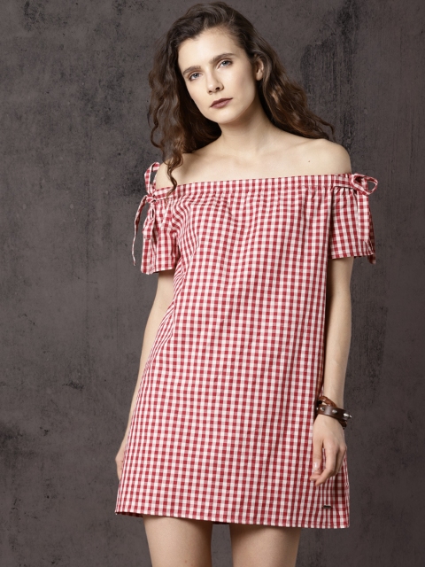 

Roadster Time Travlr Women Red & White Checked Off-Shoulder A-Line Dress