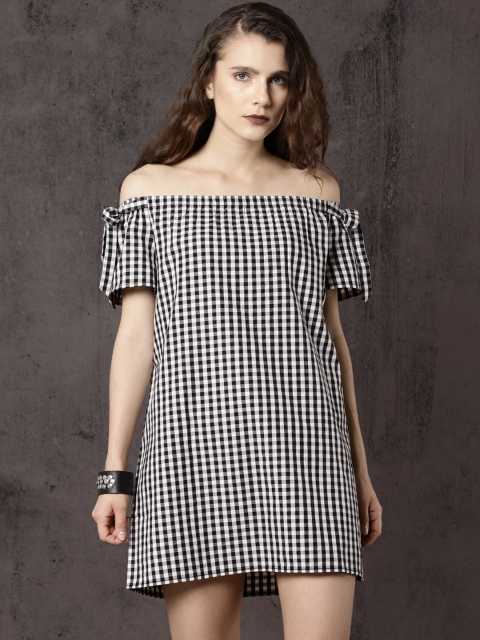 

Roadster Time Travlr Women Black & White Checked Off-Shoulder A-Line Dress