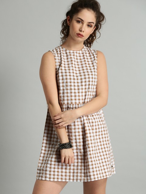 

Roadster Women White Checked A-Line Dress