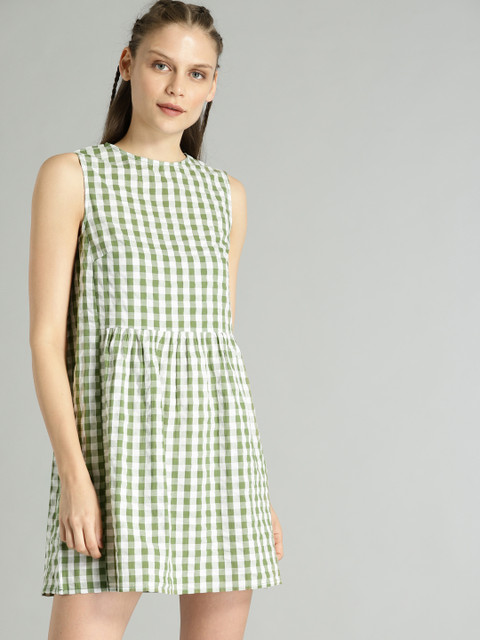 

Roadster Women Green & White Checked A-Line Dress