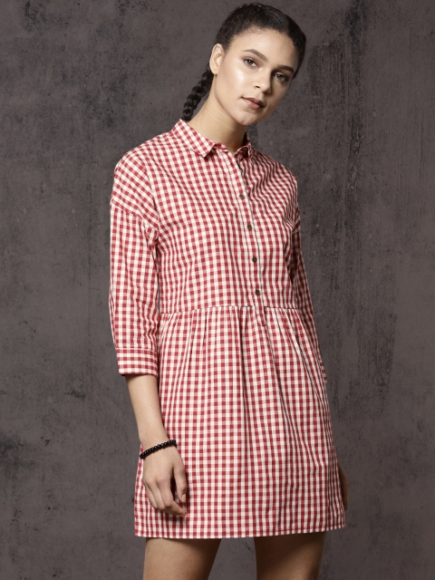 

Roadster Time Travlr Women Red & White Checked Shirt Dress