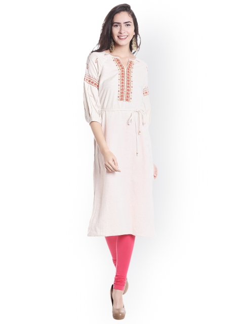 

Fusion Beats Women Off-White Embroidered Straight Kurta