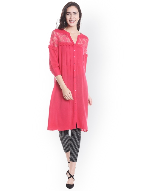 

Fusion Beats Women Pink Lace Detailed Straight Kurta