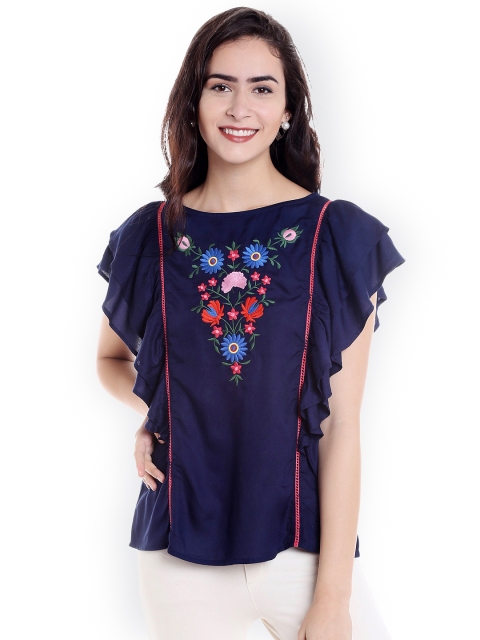 

Fusion Beats Women Blue Embroidered Top