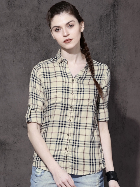 

Roadster Women Beige & Navy Blue Slim Fit Checked Casual Shirt