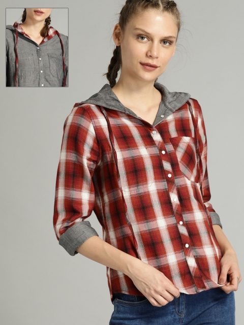 

Roadster Women Red & Grey Regular Fit Checked Reversible Casual Shirt