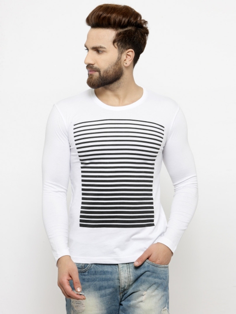

GESPO Men White Striped Round Neck T-shirt