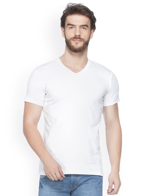 

GESPO Men White Solid V-Neck T-shirt