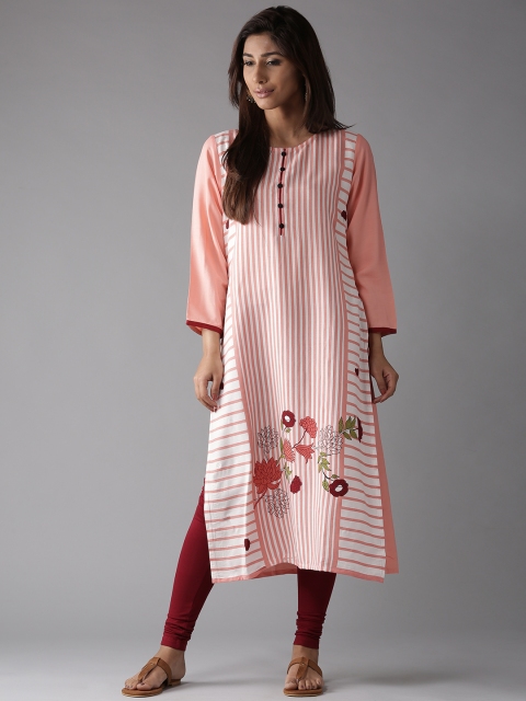 

Moda Rapido Women Peach-Coloured & White Striped Straight Kurta