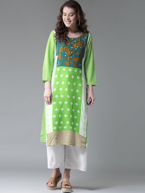 

Moda Rapido Women Green & White Printed Straight Kurta
