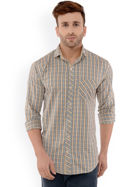 

Hangup Men Cream-Coloured & Blue Standard Regular Fit Checked Casual Shirt