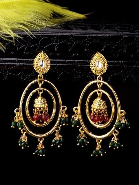 

Voylla Gold-Toned & Green Circular Drop Handcrafted Earrings